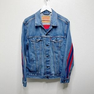 Levis Unbasic Mens L Icon Bolt Trucker Denim Jean Jacket Red Blue Stripe
